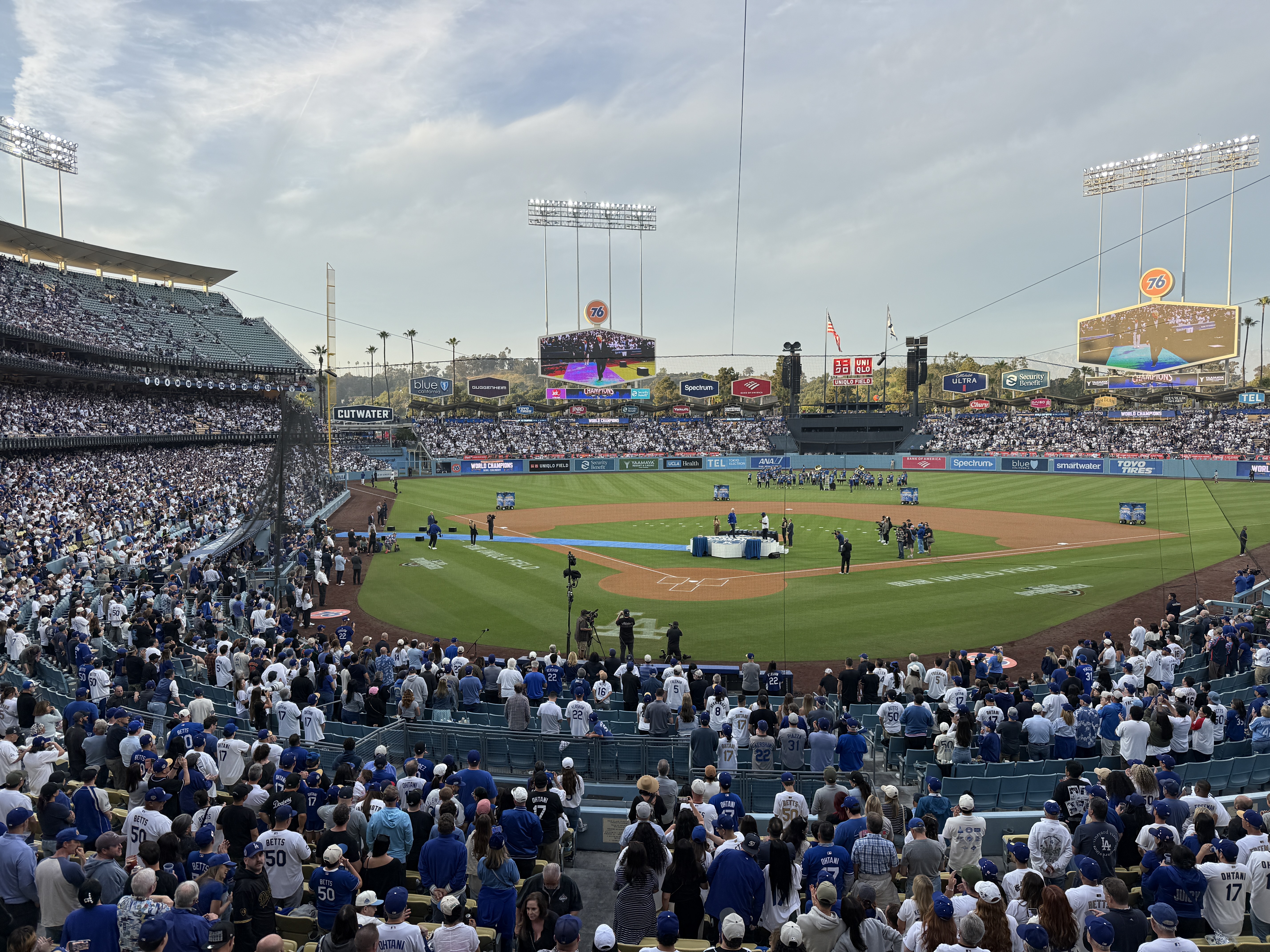 Dodger Stadium field setup before the 2026 World Series ring ceremony with Uniqlo Field signage