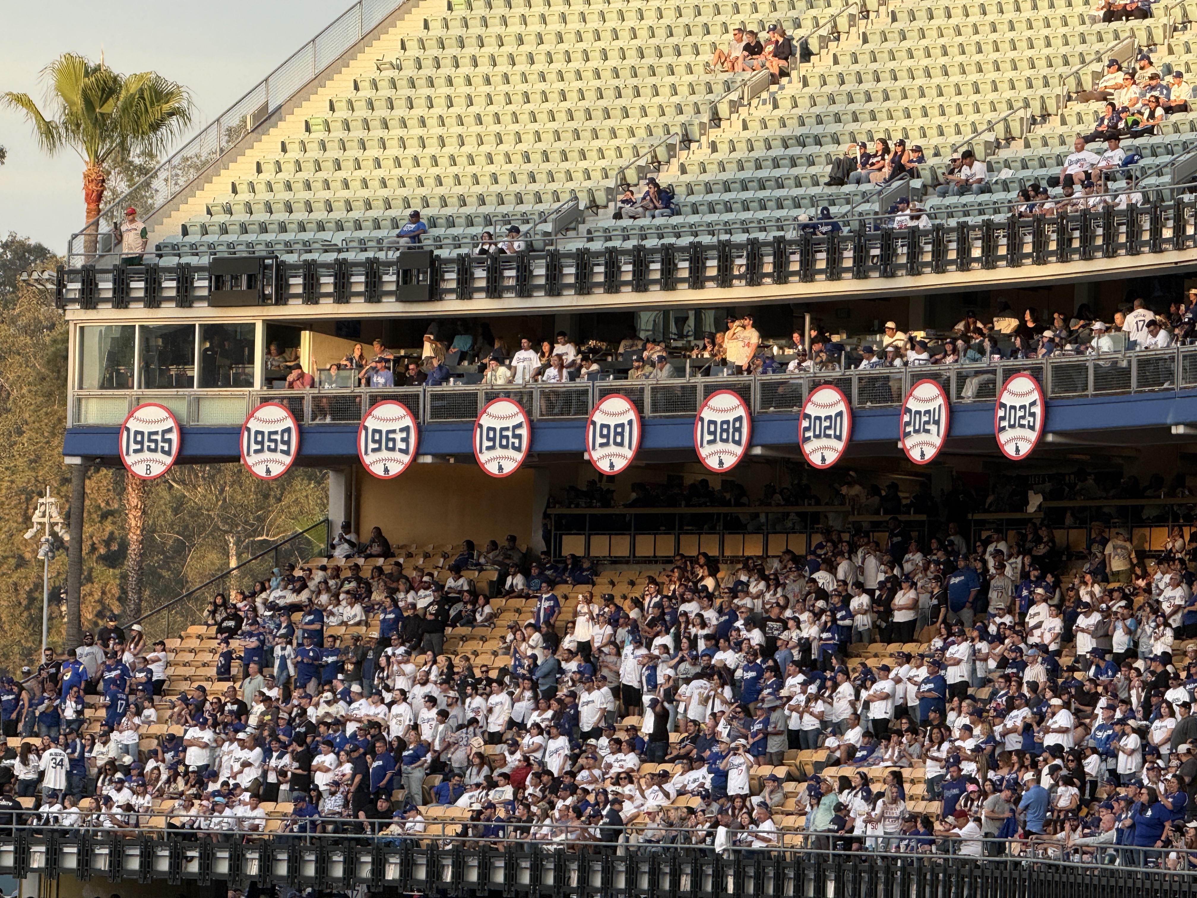 Dodgers World Series championship banners at Dodger Stadium