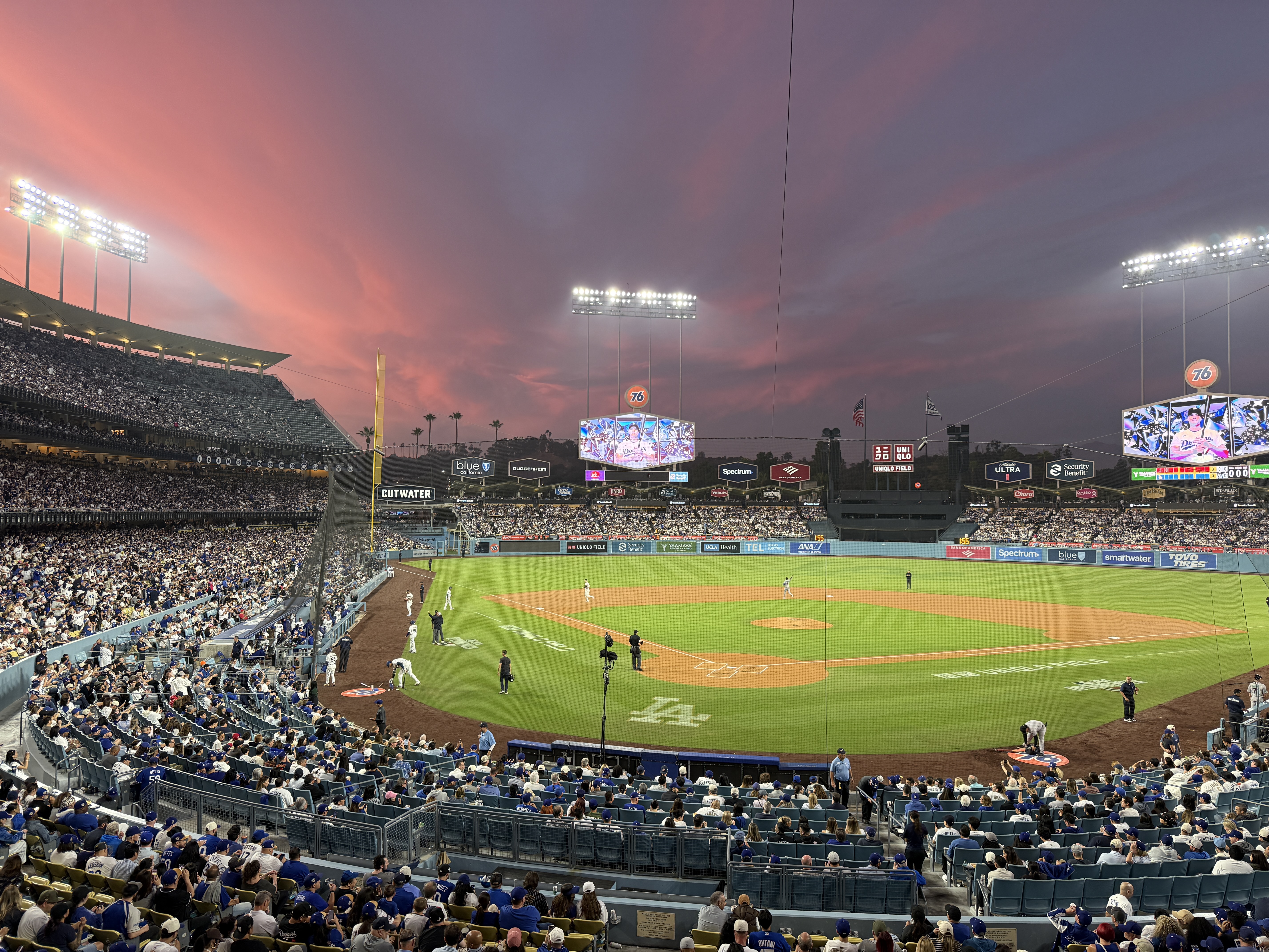 Stunning sunset over Dodger Stadium during Opening Night 2026
