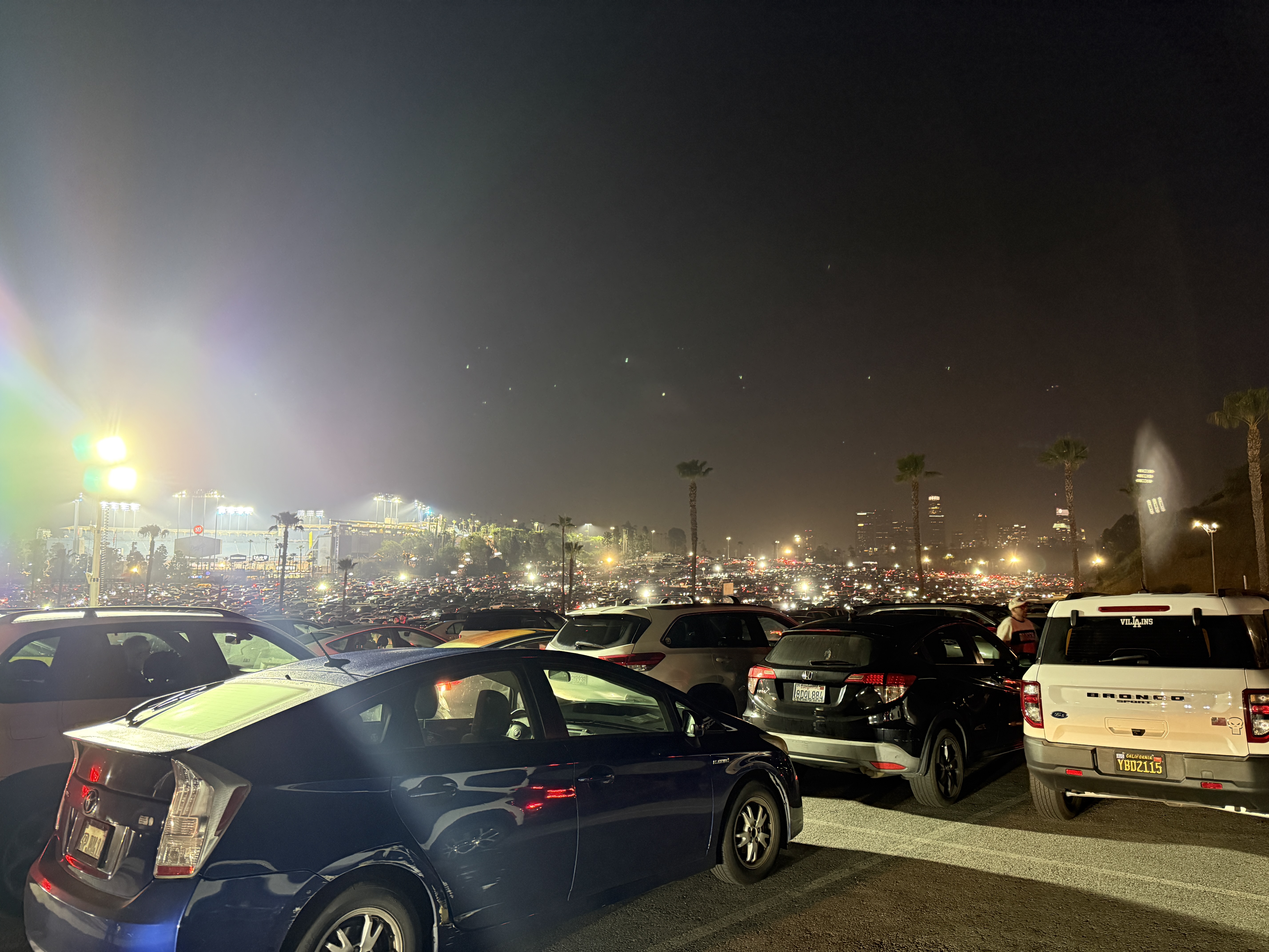 Dodger Stadium parking lot traffic after a sold-out game at night
