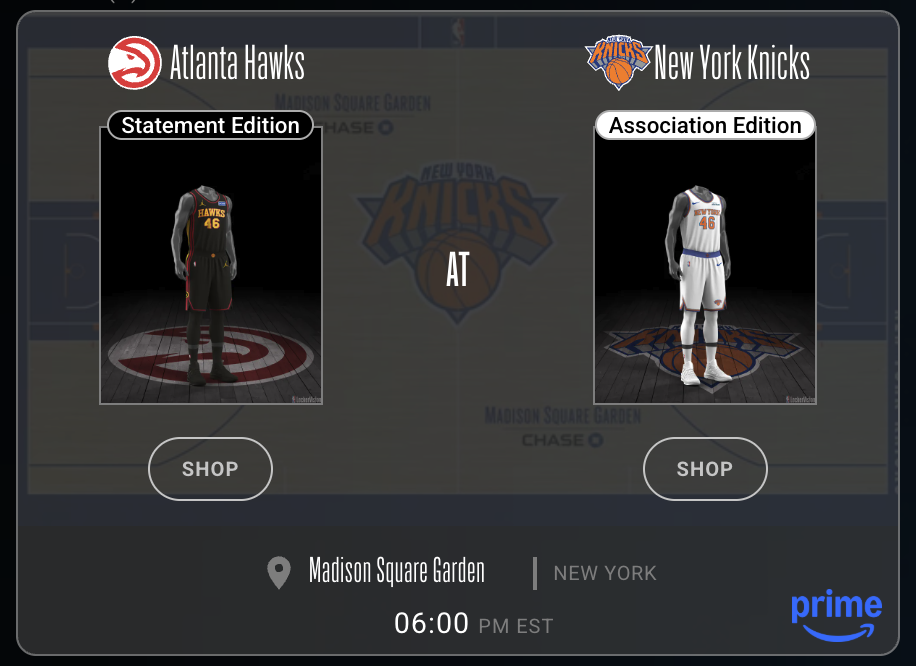 Atlanta Hawks Statement Edition black jersey vs New York Knicks Association Edition white jersey Round 1 2026 NBA Playoffs LockerVision