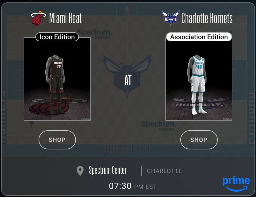 Miami Heat Icon Edition black jersey vs Charlotte Hornets Association Edition white jersey Play-In Tournament 2026 Locker Vision