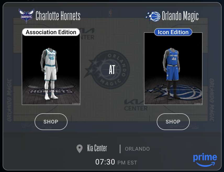 Charlotte Hornets Association Edition white jersey vs Orlando Magic Icon Edition blue jersey Play-In Tournament 2026 Locker Vision Friday game