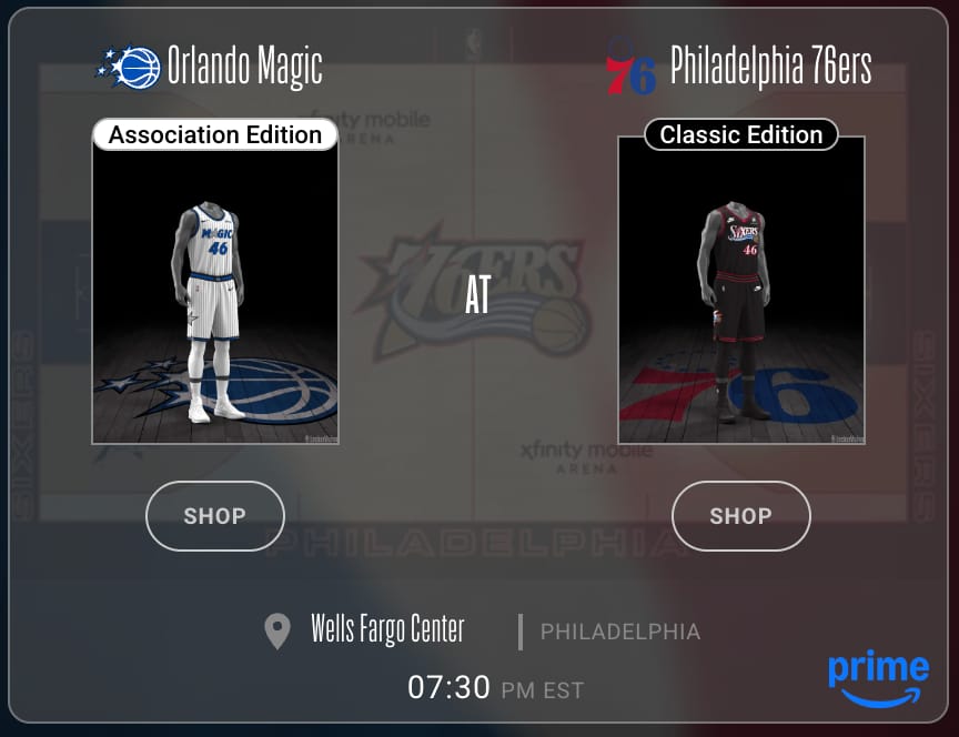 Orlando Magic Association Edition white jersey vs Philadelphia 76ers Classic Edition black throwback jersey Play-In Tournament 2026 Locker Vision