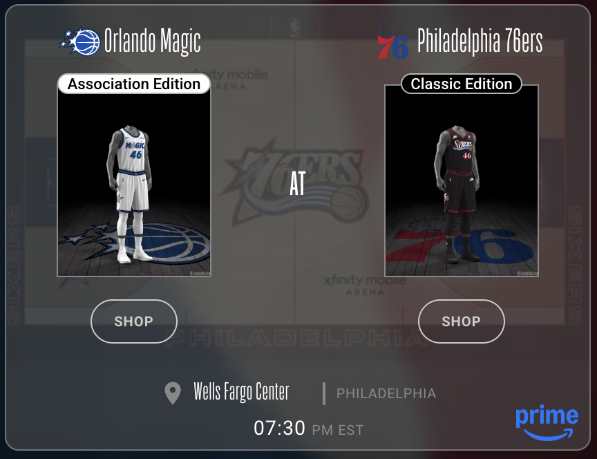 Orlando Magic Association Edition white jersey vs Philadelphia 76ers Classic Edition black throwback jersey Play-In Tournament 2026 Locker Vision
