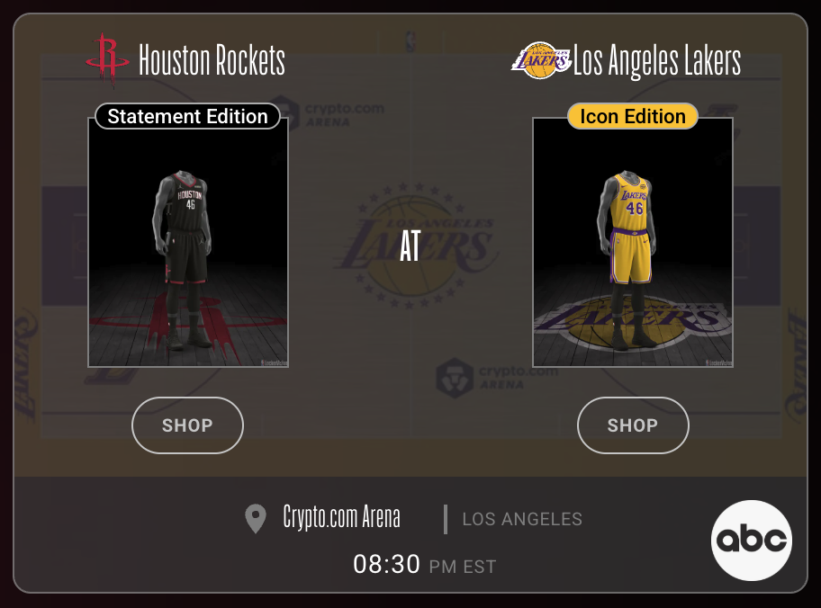 Houston Rockets Statement Edition black jersey vs Los Angeles Lakers Icon Edition gold yellow jersey Round 1 2026 NBA Playoffs LockerVision