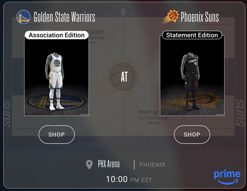 Golden State Warriors Association Edition white jersey vs Phoenix Suns Statement Edition black jersey Play-In Tournament 2026 Locker Vision Friday game