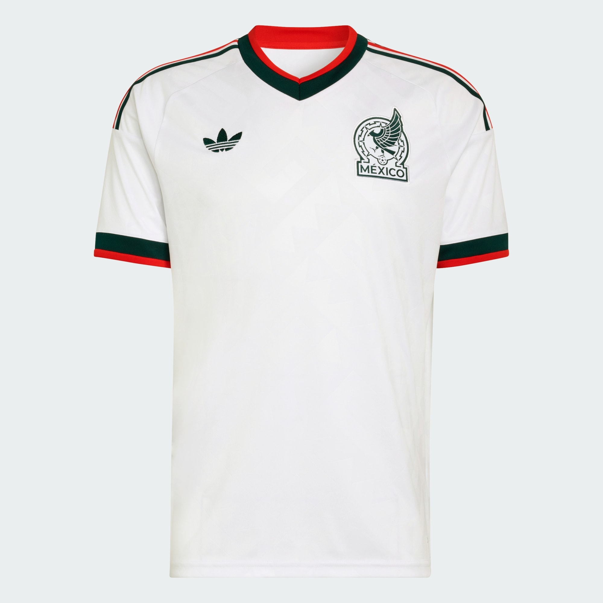 Mexico 2026 World Cup adidas white retro away jersey with green collar, red trim, and the Mexican eagle crest, worn in the Group A match vs Czechia