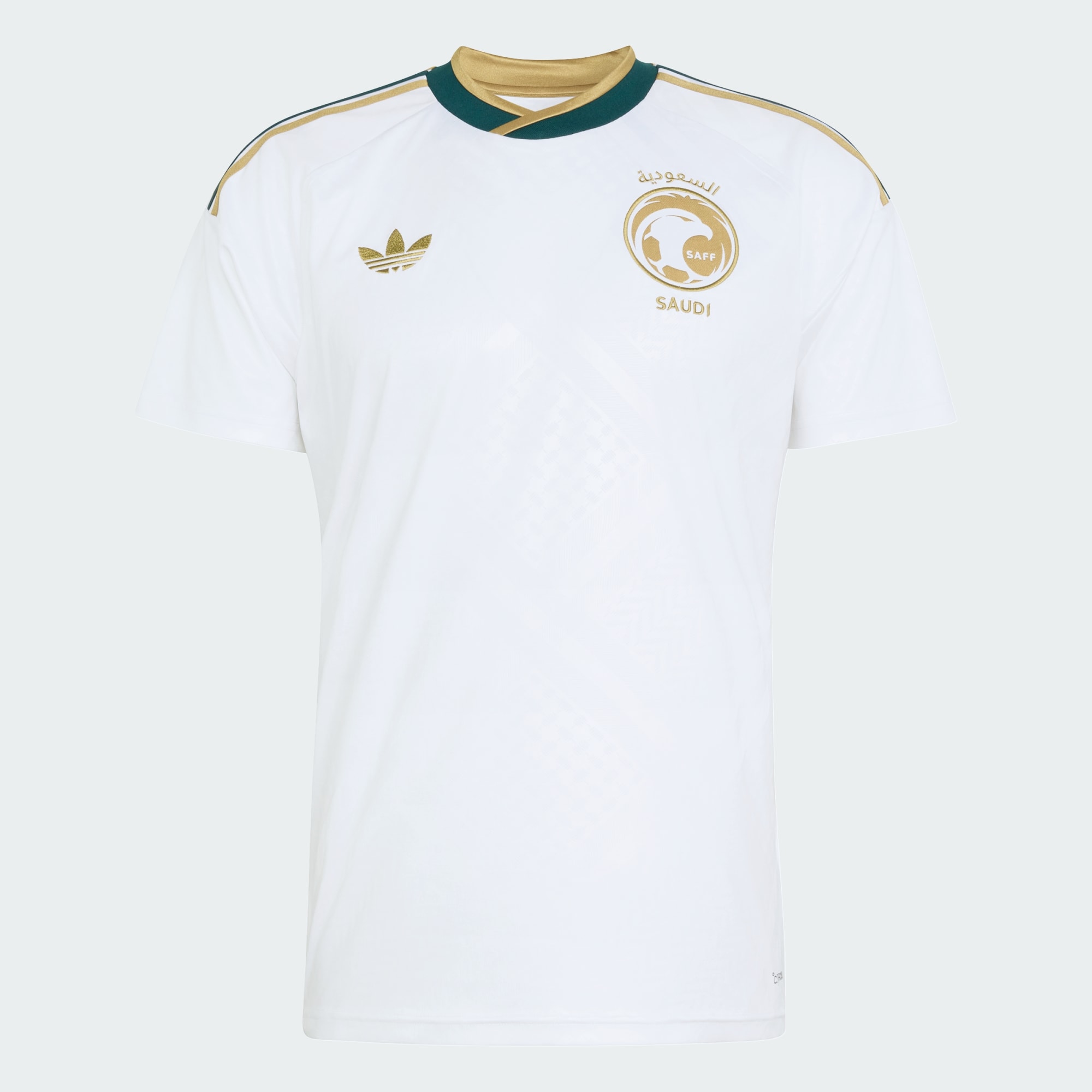 Saudi Arabia 2026 World Cup white adidas away jersey with gold accents and a green collar and the SAFF crest, worn in the Group H match vs Cape Verde