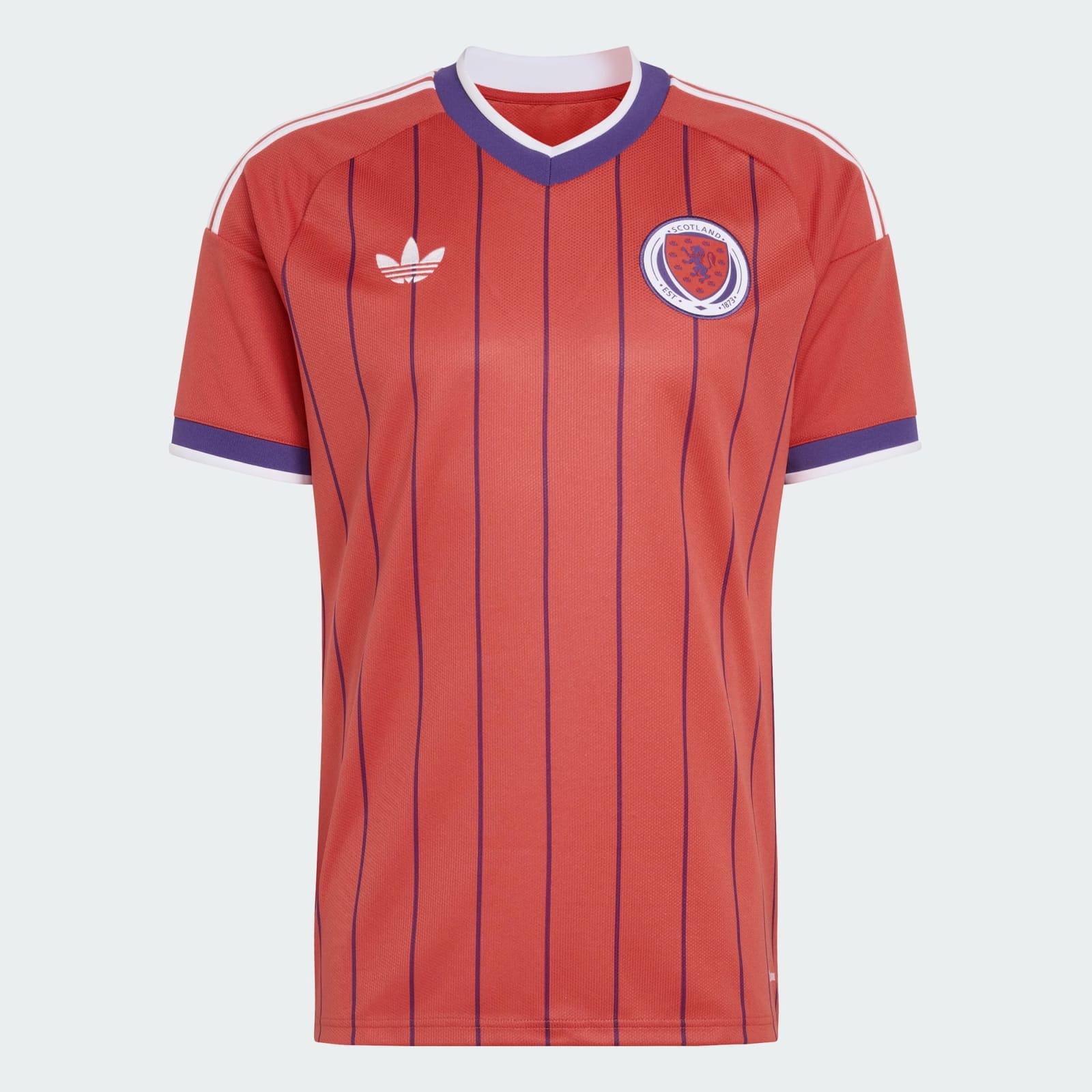 Scotland 2026 World Cup red adidas change jersey with navy pinstripes and lilac trim worn in the Group C match vs Haiti at Gillette Stadium