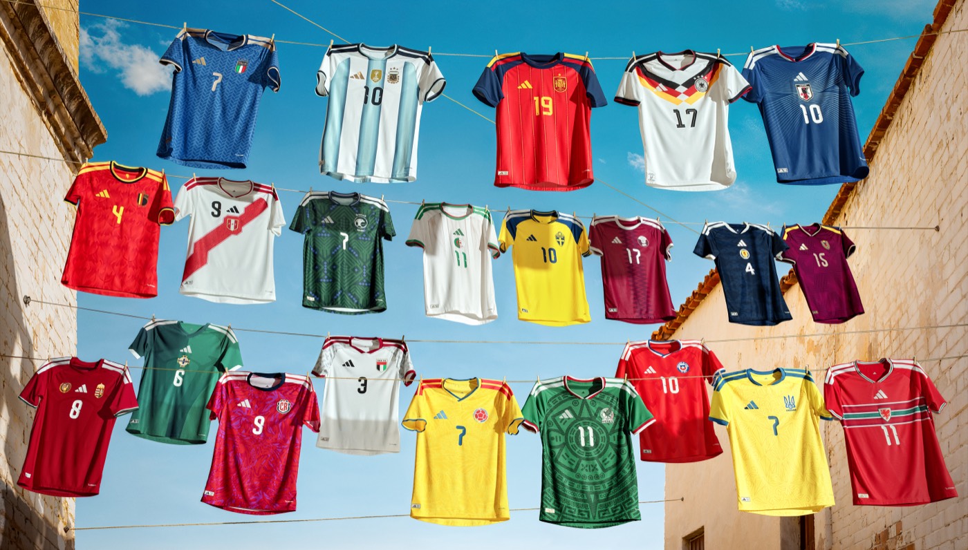 Every Adidas 2026 World Cup home kit hanging on clotheslines