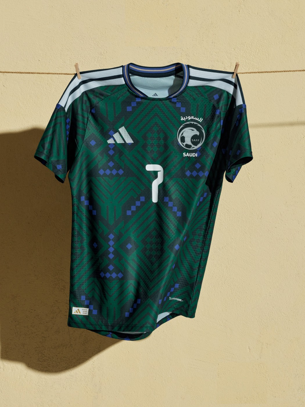 Saudi Arabia 2026 World Cup home kit by Adidas in green with blue pattern