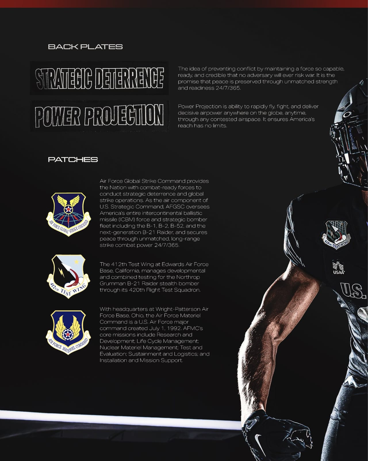 Air Force B-21 uniform details: Strategic Deterrence and Power Projection back plates, Global Strike Command, 412th Test Wing and Air Force Materiel Command patches