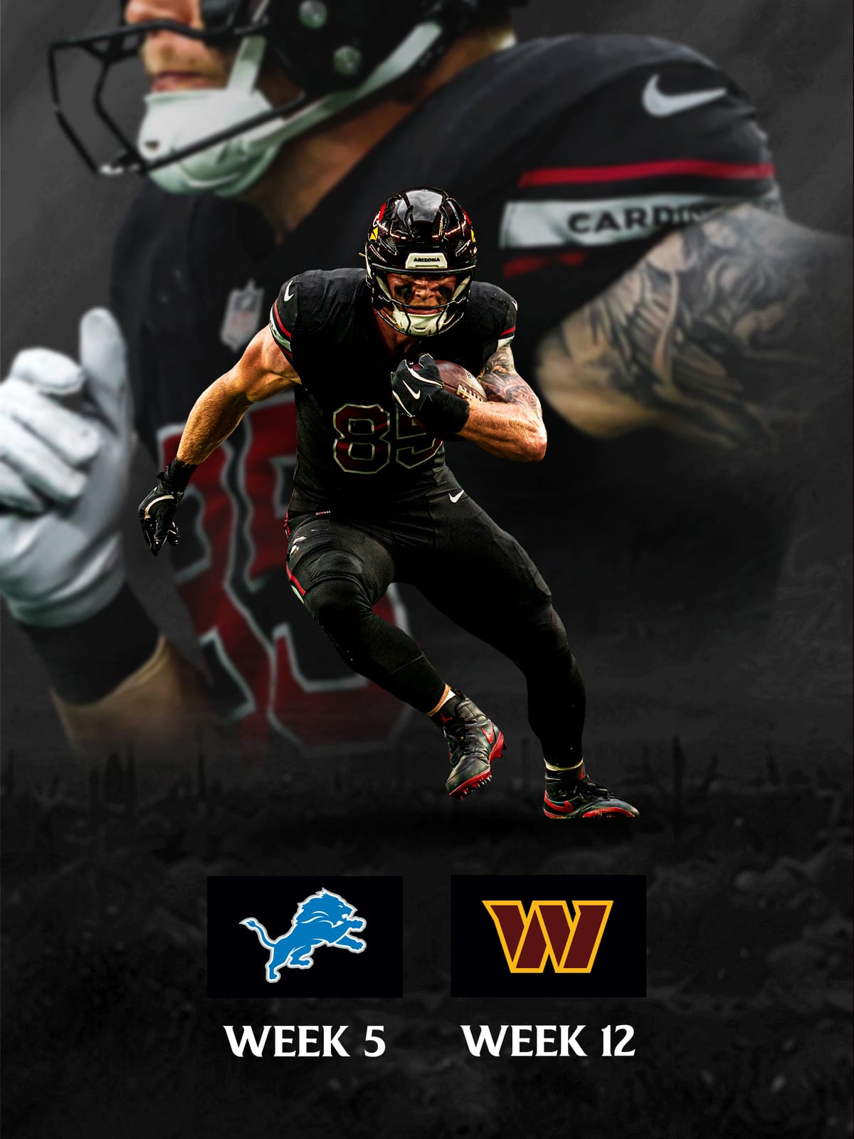 Arizona Cardinals 2026 uniform schedule graphic for the black alternate jersey with a black helmet, assigned to Week 5 against the Lions and Week 12 against the Commanders