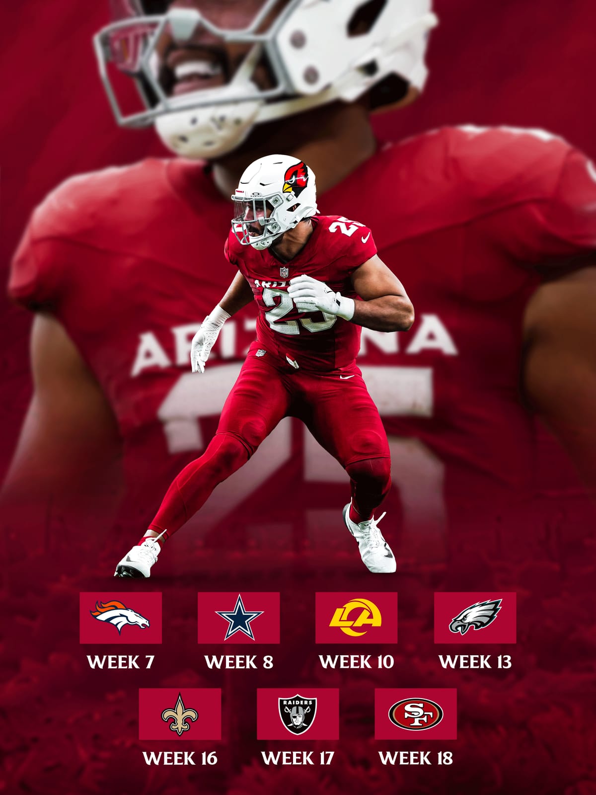 Arizona Cardinals 2026 uniform schedule graphic for the cardinal red jersey with the white helmet, assigned to the Broncos, Cowboys, Rams, Eagles, Saints, Raiders, and 49ers games