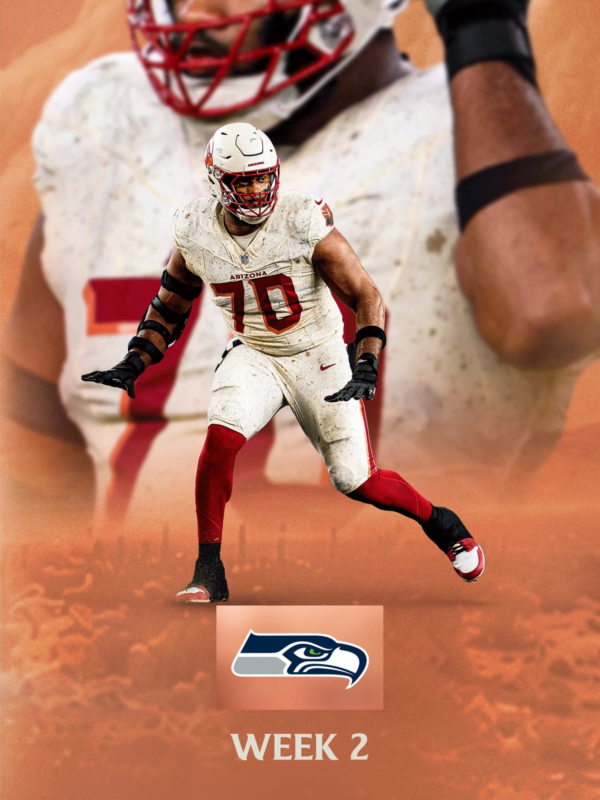 Arizona Cardinals desert Rivalries uniform, a sand-cream jersey with dust-speckle texture, cardinal red numbers and ARIZONA wordmark, red pants, and a cream helmet with a red facemask, on the team's Week 2 graphic against the Seahawks