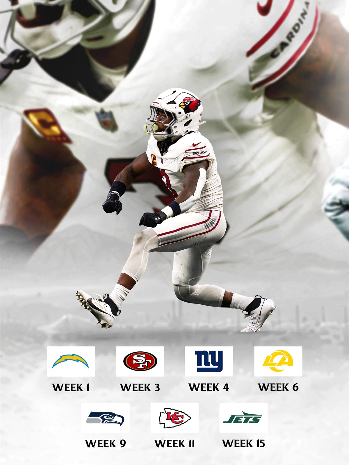 Arizona Cardinals 2026 uniform schedule graphic for the white jersey and white pants with the white helmet, assigned to the Chargers, 49ers, Giants, Rams, Seahawks, Chiefs, and Jets games
