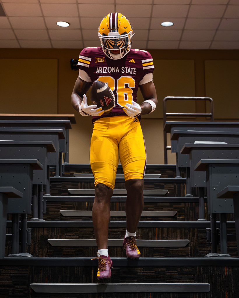 Full Arizona State 2026 Roses and Devils throwback uniform, gold Sparky helmet, maroon jersey with white ARIZONA STATE wordmark and gold numbers, and gold pants with maroon and white striping