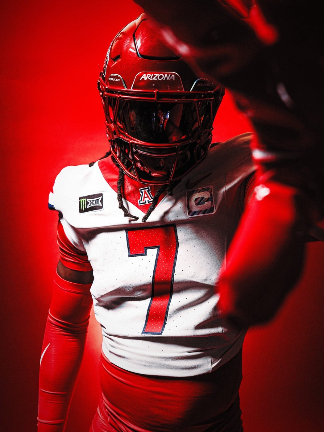 Arizona Wildcats Sandstorm white jersey with red numerals and red collar, red chrome ARIZONA helmet