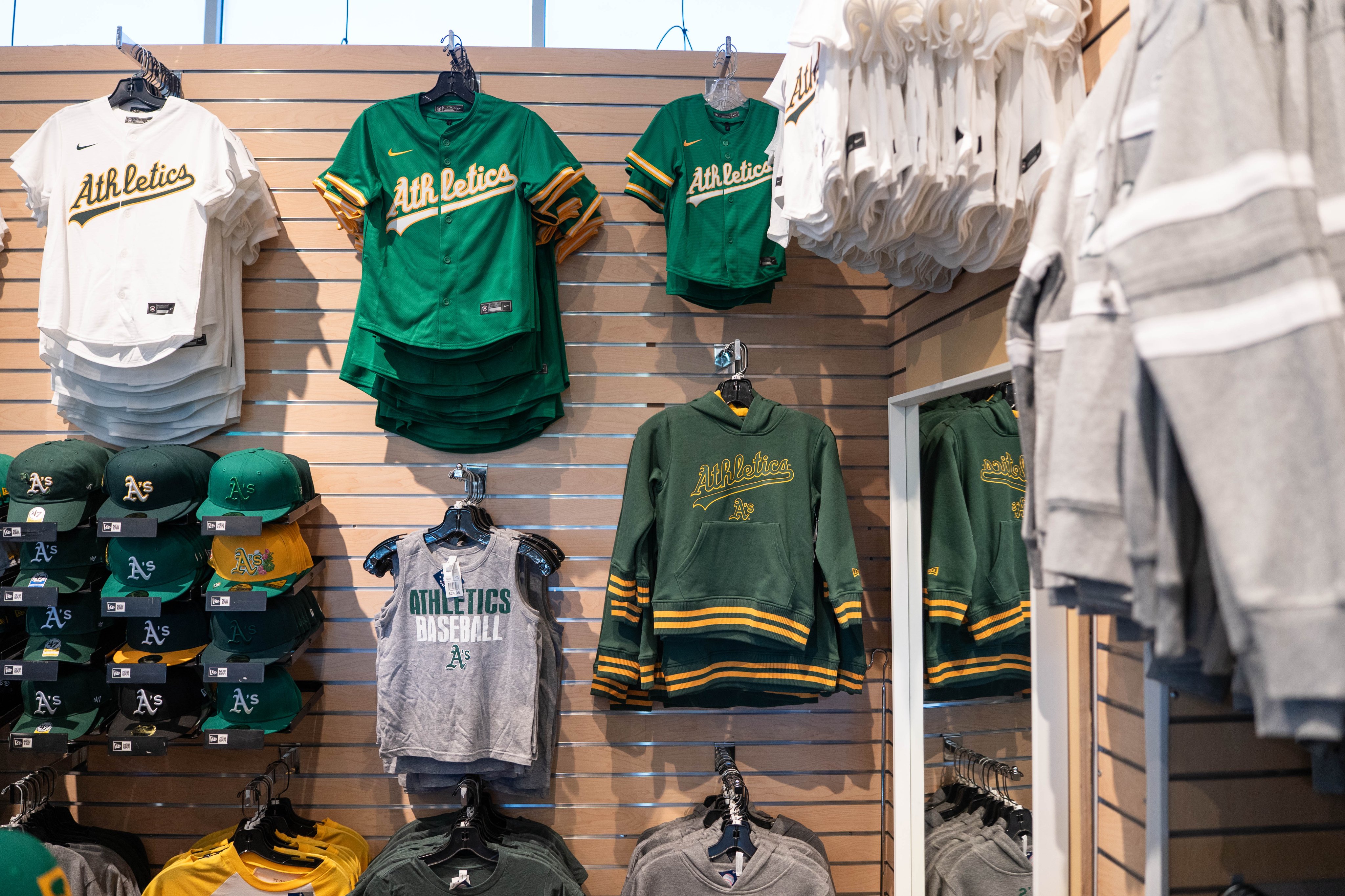Athletics 2026 team store merchandise wall jerseys hats gear at Sutter Health Park