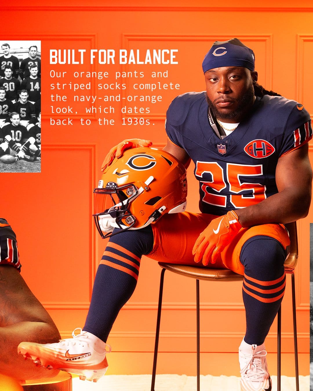 Chicago Bears Rivalries uniform: player seated with orange helmet, navy jersey, orange pants, and striped socks
