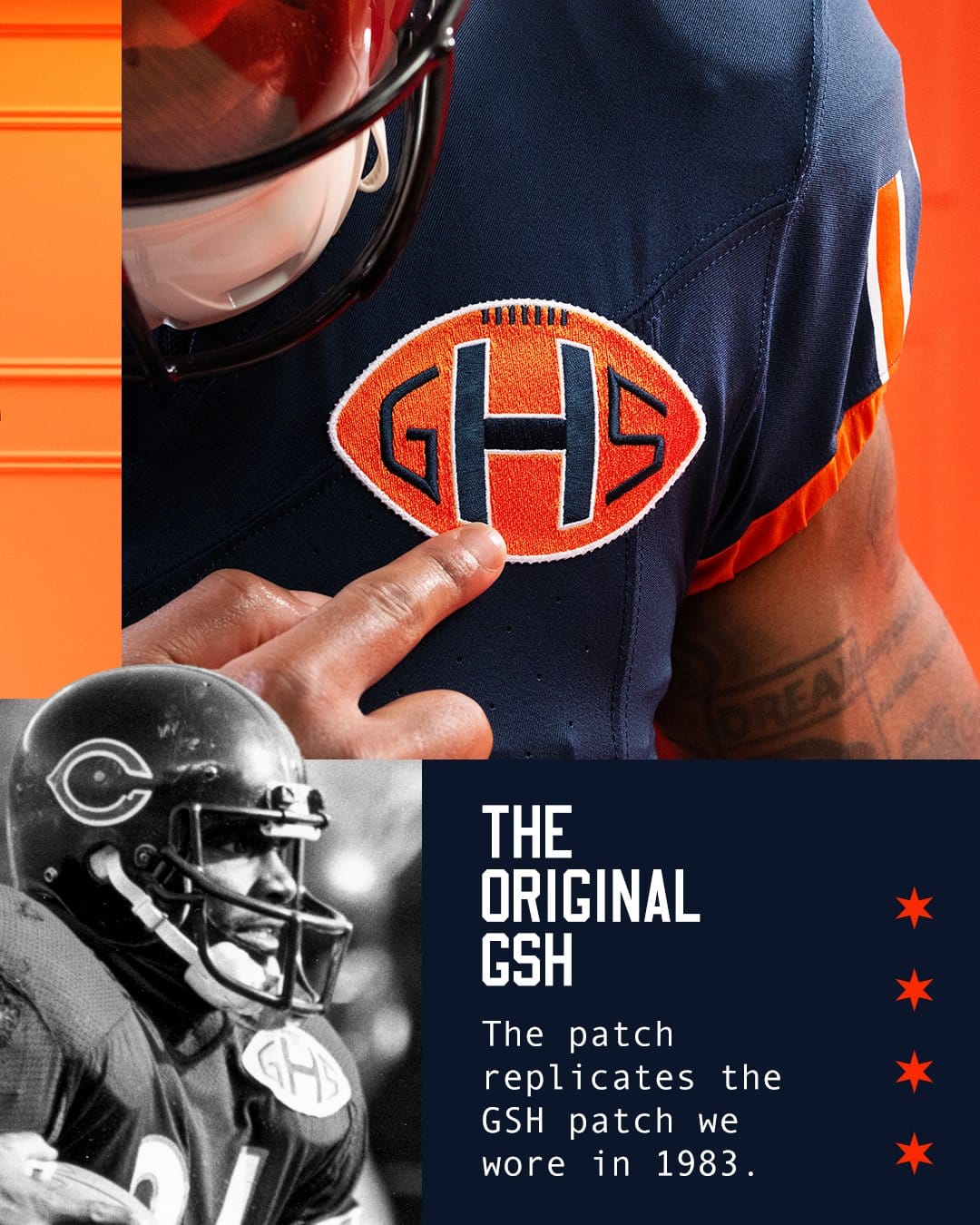 The Bears Rivalries GSH football-shaped patch next to the original 1983 version