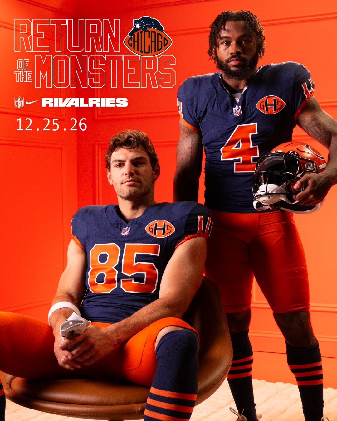 Chicago Bears Return of the Monsters Rivalries uniform, navy jersey with burnt orange numbers, the GHS patch, orange pants and striped socks