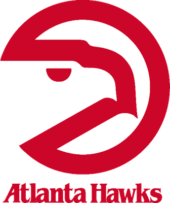Atlanta Hawks 1972-1995 Pac-Man logo: a red circle with a white hawk head cut out of it, beak and eye formed by negative space, above a red Atlanta Hawks wordmark