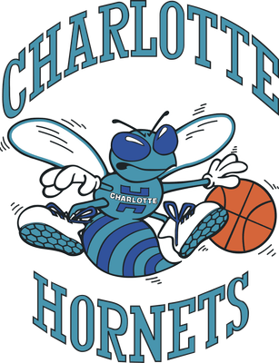 Charlotte Hornets 1988-2002 logo: a teal and purple cartoon hornet in sneakers and gloves dribbling an orange basketball, with CHARLOTTE arched above and HORNETS below