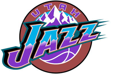Utah Jazz 1996-2004 logo: a purple, copper and turquoise JAZZ wordmark with a snow-capped purple mountain range rising above it and UTAH arched over the top, on a copper basketball