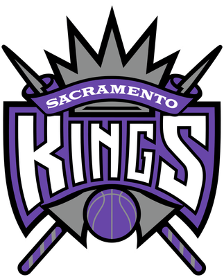 Sacramento Kings 1994-2016 logo: a purple and black shield with KINGS in white, SACRAMENTO on a banner, a silver crown on top, crossed scepters behind it and a purple basketball at the bottom