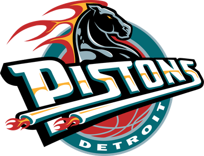 Detroit Pistons 1996-2001 logo: a black horse head with a flaming red mane above a PISTONS wordmark with exhaust pipes shooting flames, on a teal circle with DETROIT at the bottom