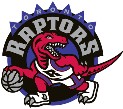 Toronto Raptors 1995-2008 logo: a red cartoon raptor in a white jersey and sneakers dribbling a basketball, inside a black and purple circle with RAPTORS in silver and TORONTO above it