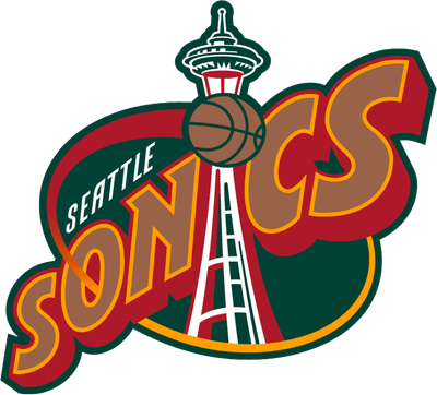 Seattle SuperSonics 1995-2001 logo: the Space Needle standing in for the letter I in a bronze and red SONICS wordmark on a green oval, with a basketball at the top of the needle