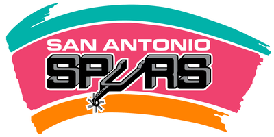 San Antonio Spurs 1989-2002 Fiesta logo: the black SPURS wordmark with a spur as the U and SAN ANTONIO above it, over brushstrokes of turquoise, pink and orange