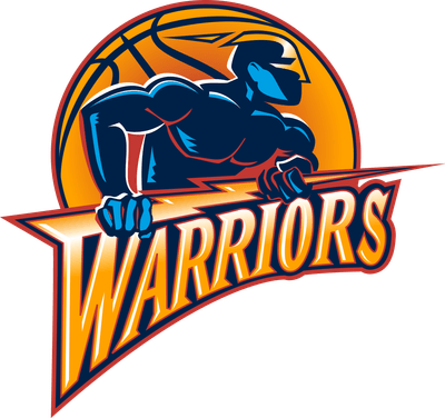 Golden State Warriors 1997-2010 logo: a muscular navy warrior figure gripping a lightning bolt over an orange basketball, above an orange and gold WARRIORS wordmark that ends in a lightning bolt