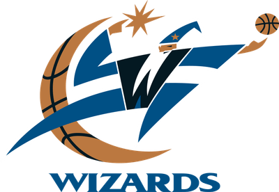 Washington Wizards 1997-2007 logo: a blue wizard whose robe forms a W, flicking a basketball off his fingertips beside a bronze crescent moon drawn with basketball seams and a star, above a WIZARDS wordmark