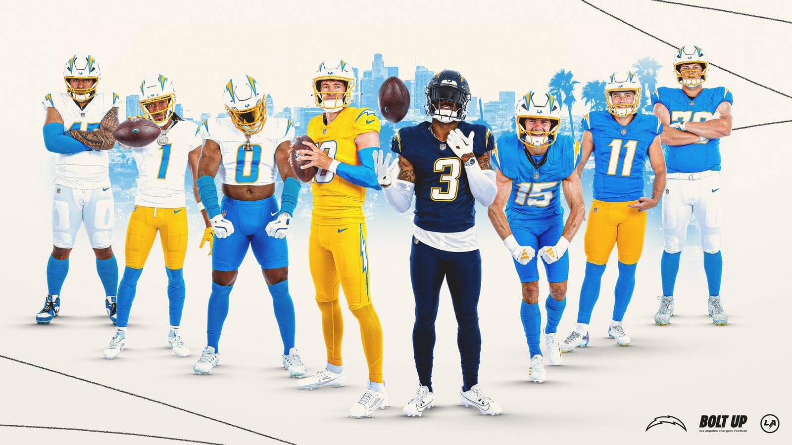 Los Angeles Chargers 2026 uniform closet showing all eight combinations, powder blue, white road, gold and the Super Chargers navy alternate