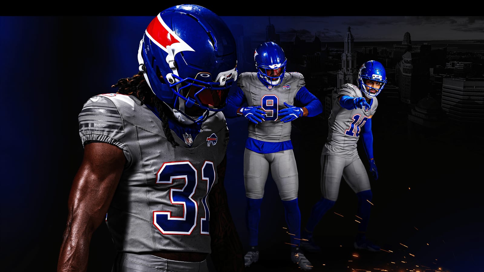 Buffalo Bills Nickel City alternate uniform 2026, gray jersey with blue charging buffalo helmet
