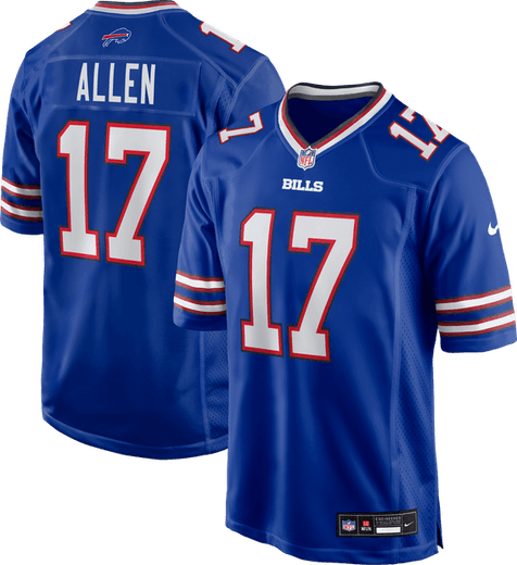 Buffalo Bills royal blue primary jersey 2026 with white numbers outlined in red and striped sleeves, front and back