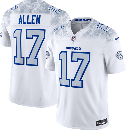 Buffalo Bills Cold Front Rivalries jersey 2026, white with cracked-ice shoulders, silver-blue numbers and BUFFALO wordmark, front and back
