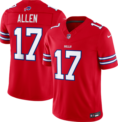 Buffalo Bills red alternate jersey 2026 with white numbers and royal blue sleeve stripes, front and back