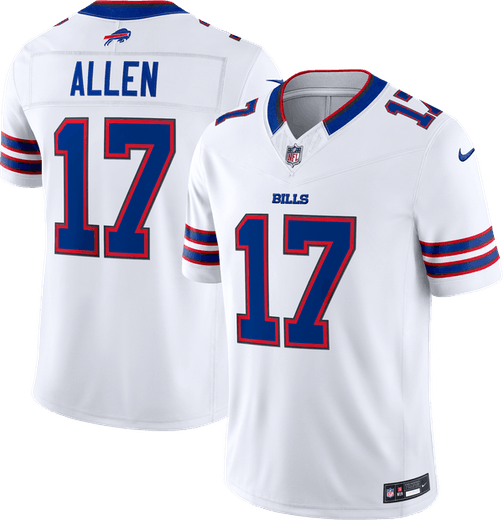 Buffalo Bills white road jersey 2026 with royal blue numbers outlined in red and blue-and-red sleeve stripes, front and back