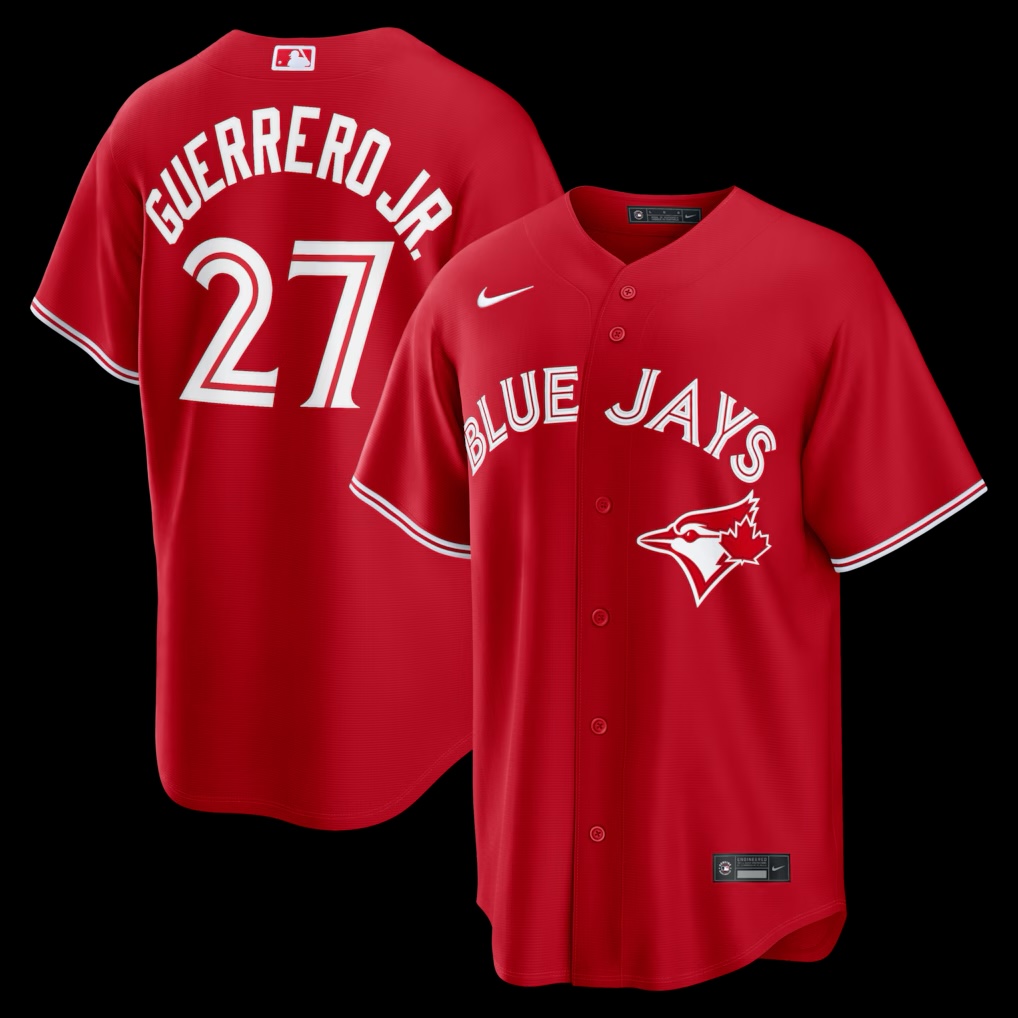 Toronto Blue Jays 2026 red Canada Day jersey by Nike, BLUE JAYS in white across the chest with the bird-and-leaf logo, worn for the July 1 home game