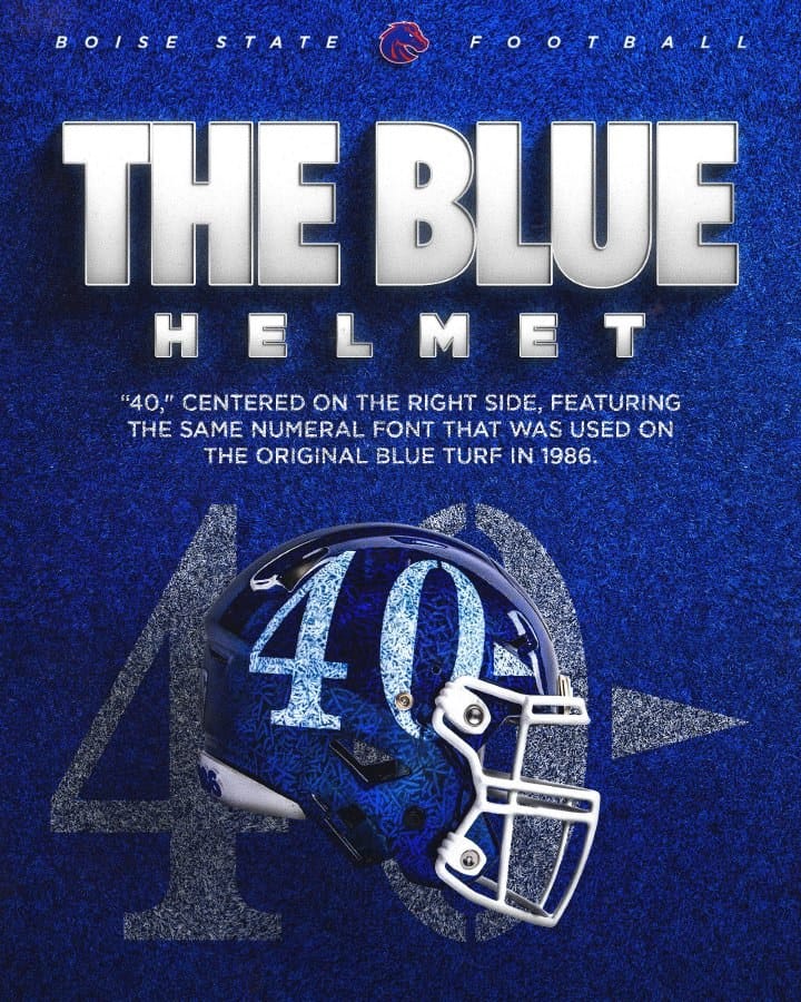 Boise State 40th anniversary helmet right side, showing a large 40 in the same numeral font used on the original 1986 blue turf