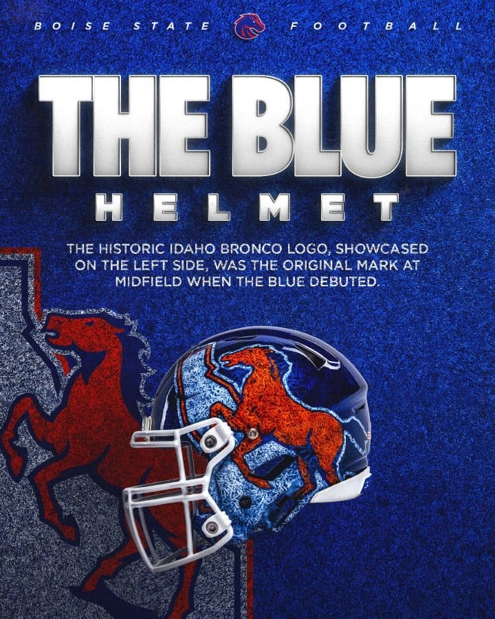 Boise State 40th anniversary helmet left side, showing the historic orange Idaho bronco logo that was the original midfield mark when The Blue debuted