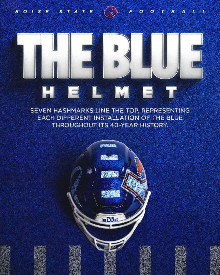 Boise State 40th anniversary Blue helmet shown from above, with seven white hashmarks running across the crown of the shell