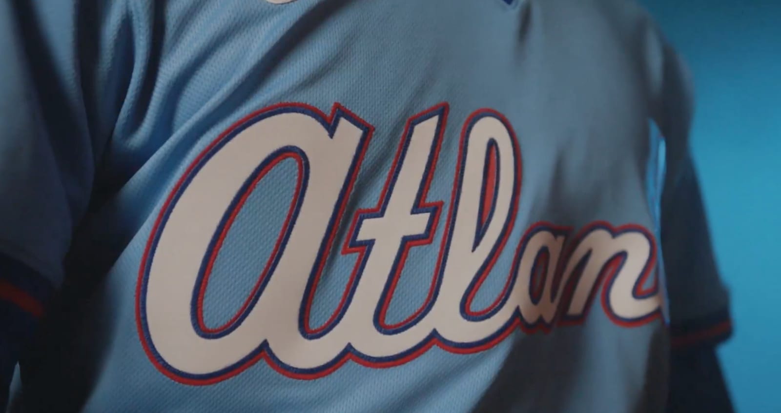 Close-up of Atlanta script on Braves City Connect jersey