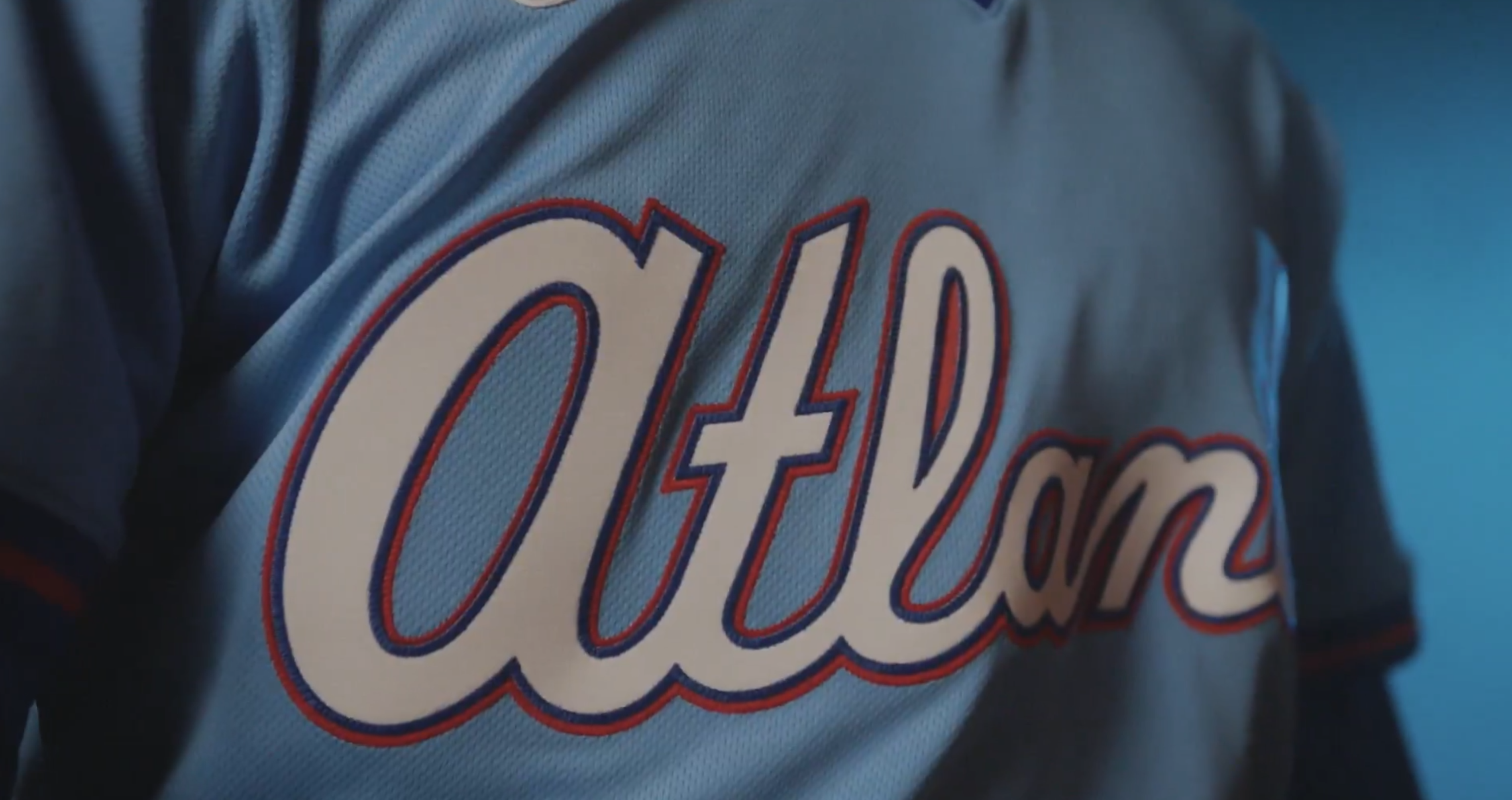 Close-up of Atlanta script on Braves City Connect jersey