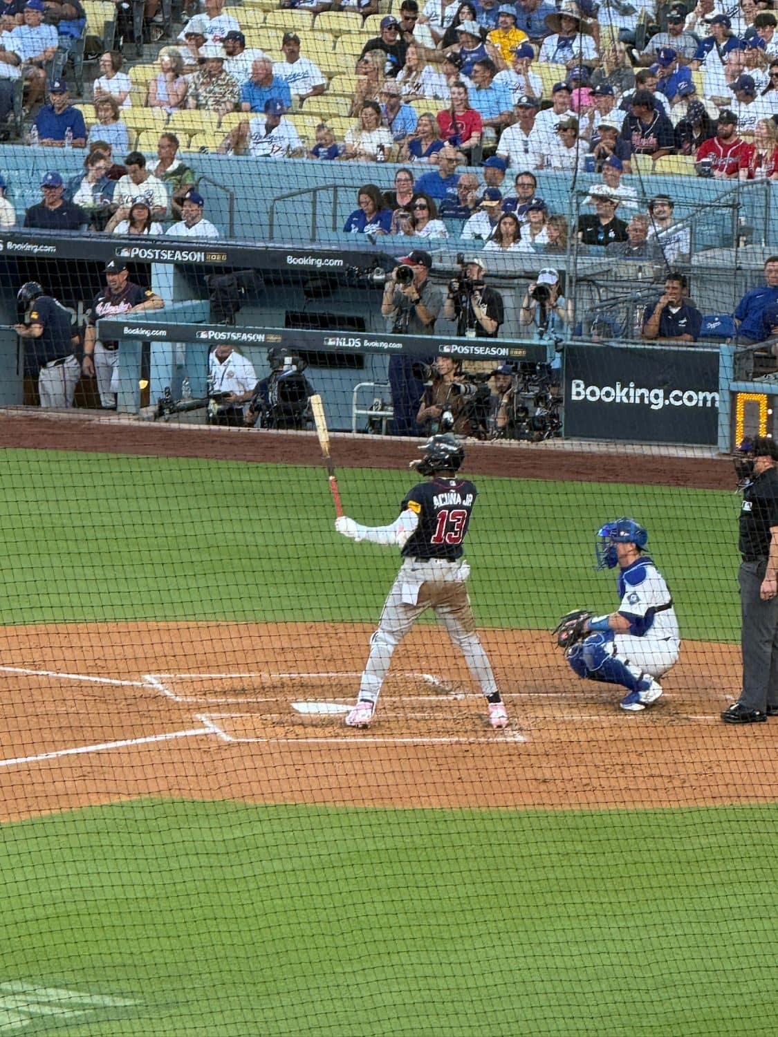 Ronald Acuna Jr. of the Atlanta Braves batting in the navy alternate jersey at Dodger Stadium in NLDS Game 2 on October 4 2026